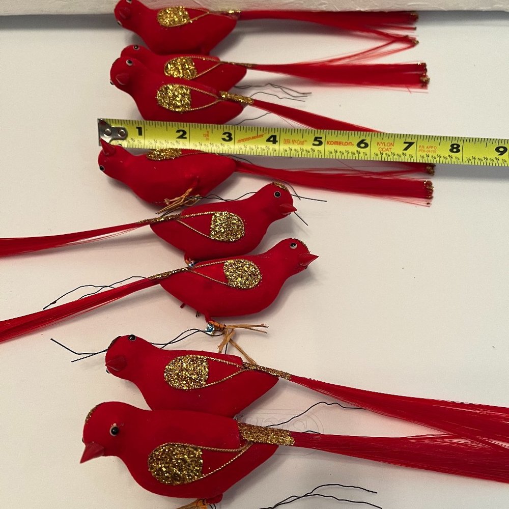 Vintage 60's set of 8 red/gold glitter Christmas birds. wire wrap attachment